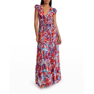 PATBO Violet V-neck Flutter-sleeve Euro summer  Maxi sunDress In Cherry sz 6